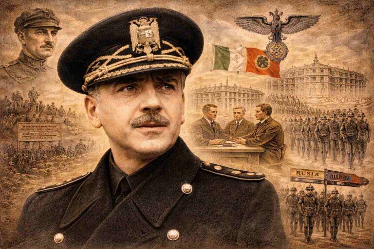 Retrato alegórico horizontal de Ramón Serrano Súñer con uniforme oficial, en primer plano, sobre un fondo simbólico que evoca el franquismo y la Segunda Guerra Mundial: referencias al poder político del régimen, la Falange, la División Azul y el contexto internacional de la España de los años cuarenta.