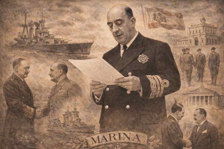 Retrato alegórico de Salvador Moreno Fernández, almirante de la Armada española, leyendo un documento con uniforme naval, rodeado de escenas simbólicas de su trayectoria militar y política, con buques de guerra y referencias a la historia naval de España.