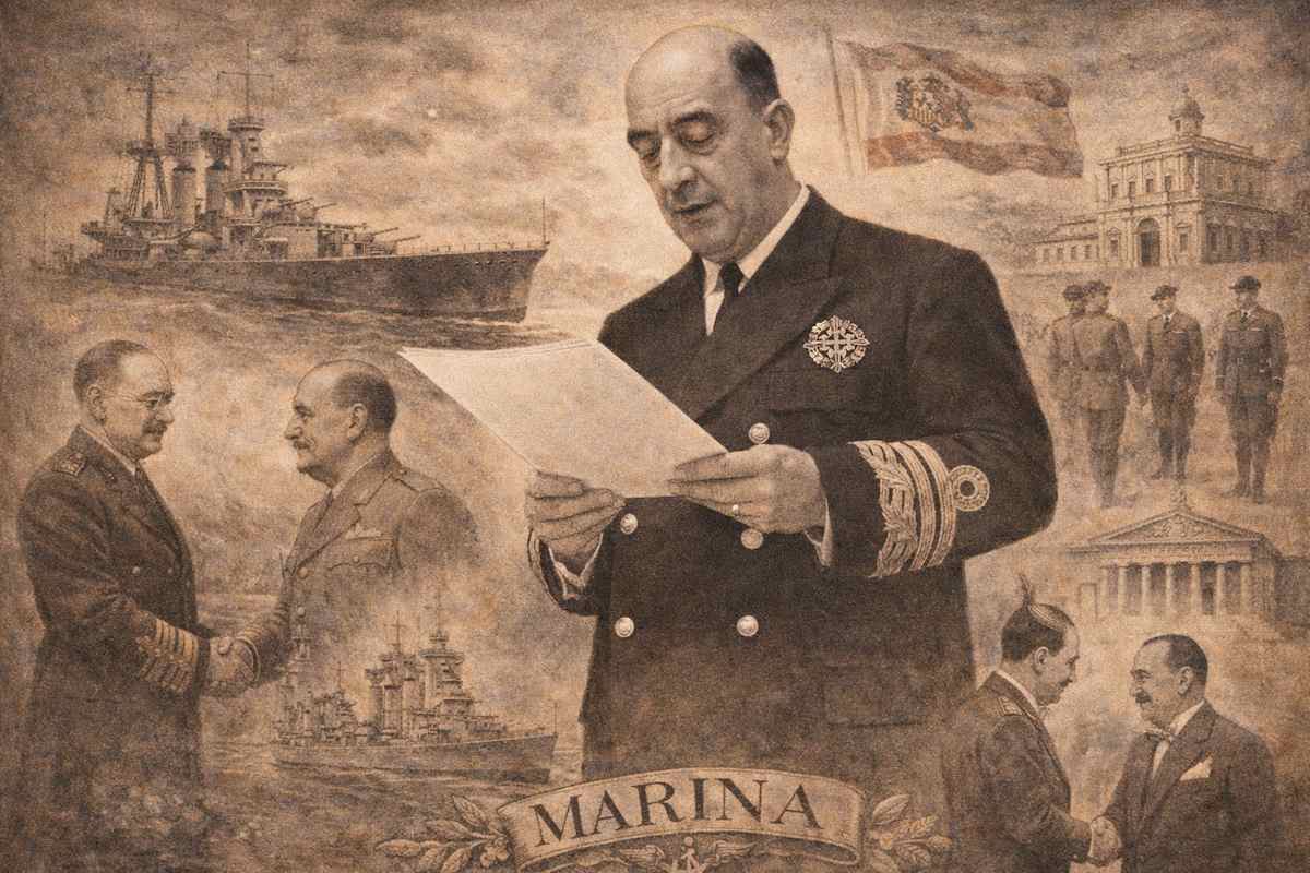 Retrato alegórico de Salvador Moreno Fernández, almirante de la Armada española, leyendo un documento con uniforme naval, rodeado de escenas simbólicas de su trayectoria militar y política, con buques de guerra y referencias a la historia naval de España.