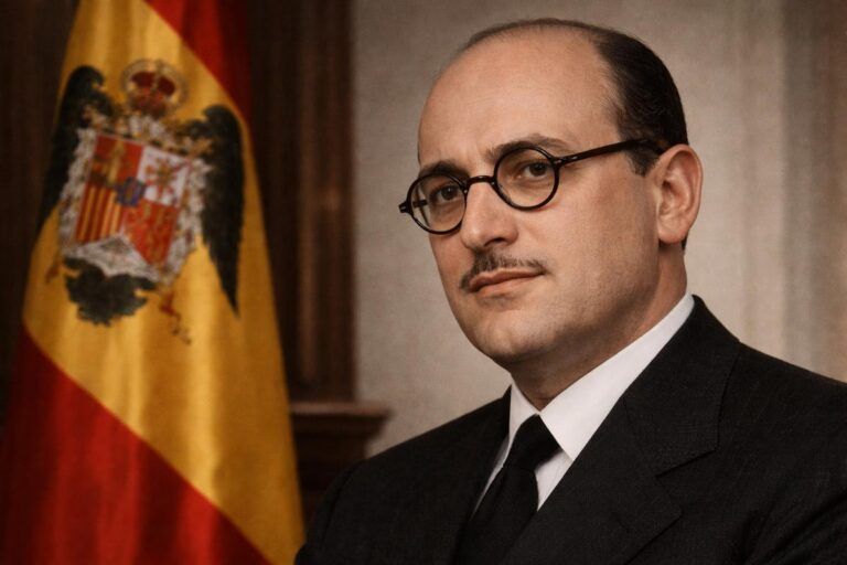 Retrato alegórico de José Ibáñez Martín en plano medio, con traje oscuro y gafas redondas, posando en interior institucional, con la bandera de España con el escudo histórico al fondo, símbolo del contexto político y educativo del primer franquismo.