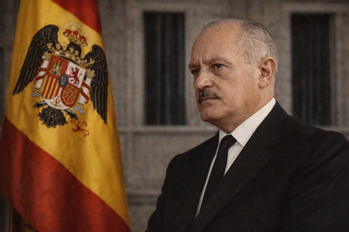 Retrato alegórico horizontal de José María Martínez Sánchez-Arjona, con traje oscuro y gesto serio, en primer plano, con la bandera de España con el escudo predeterminado del águila al fondo, en un entorno institucional sobrio.