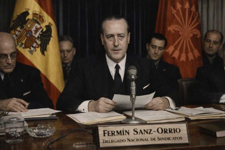 Fermín Sanz-Orrio y Sanz presidiendo una reunión sindical durante el franquismo, en un despacho oficial con banderas del régimen al fondo.
