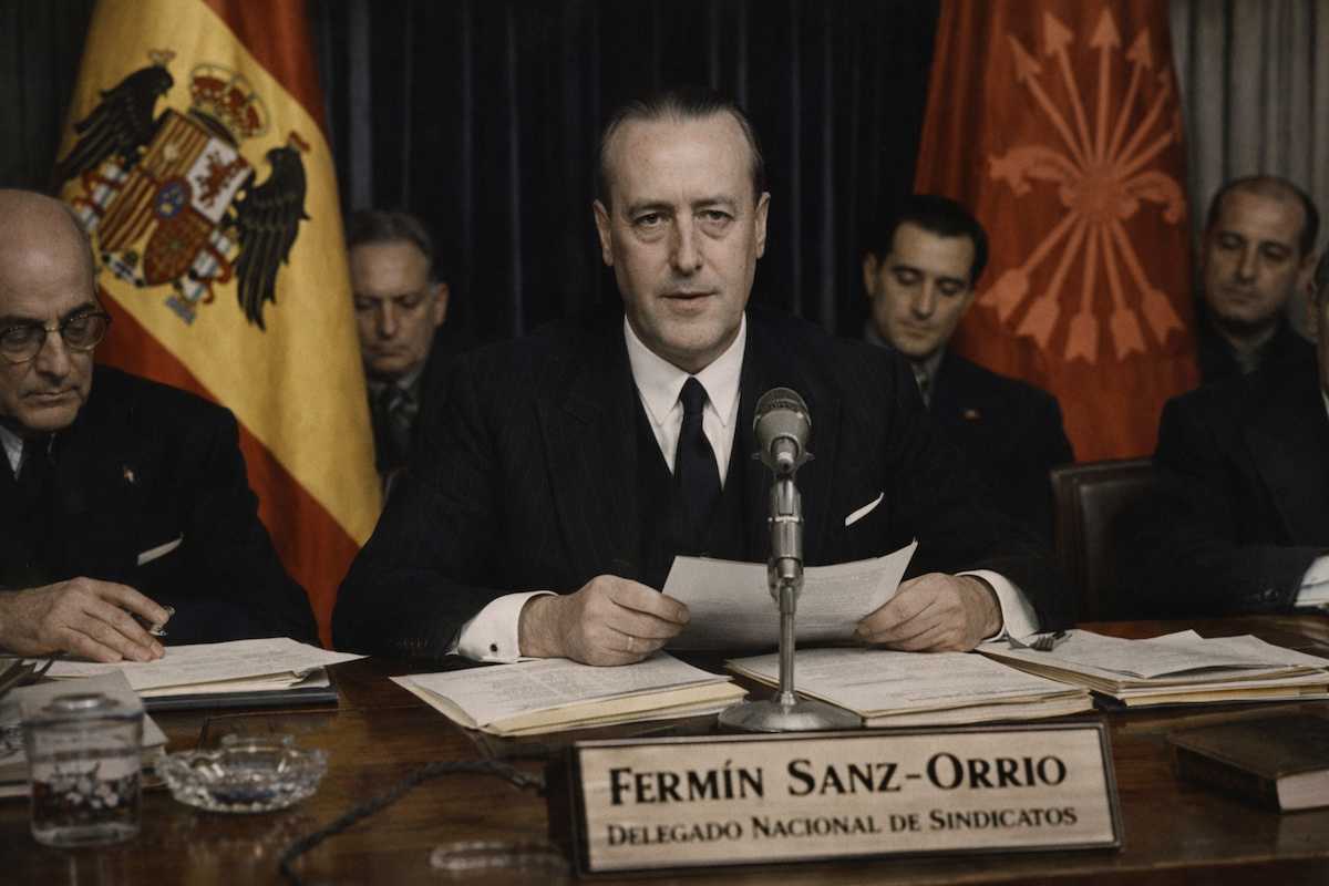 Fermín Sanz-Orrio y Sanz presidiendo una reunión sindical durante el franquismo, en un despacho oficial con banderas del régimen al fondo.