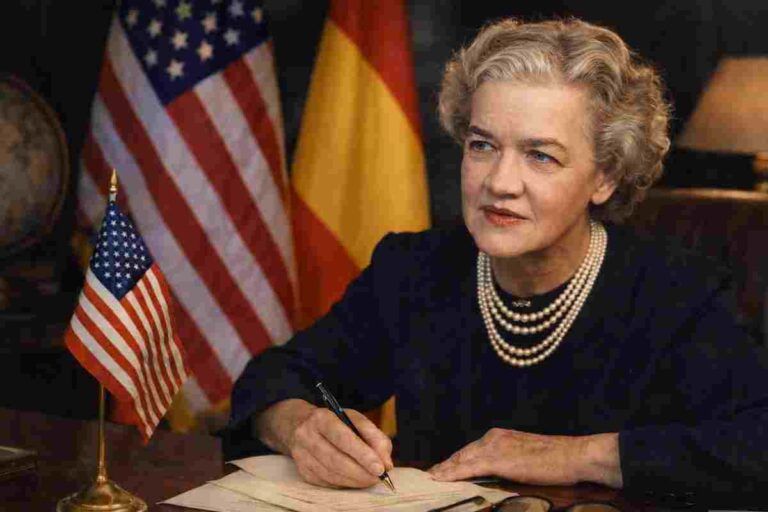 La senadora norteamericana Margaret Chase Smith sentada en su despacho en 1955, escribiendo notas durante una entrevista, con banderas de Estados Unidos y de España sin escudo al fondo, imagen alegórica de sus conversaciones con Franco.