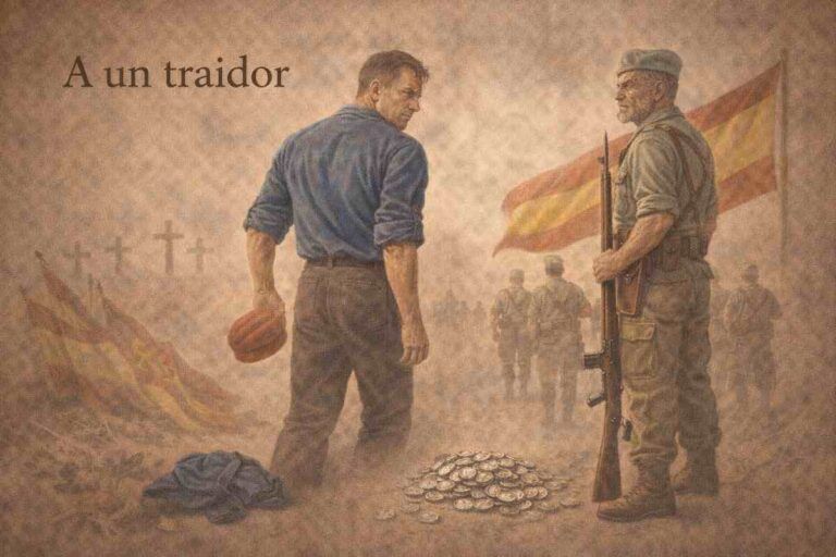 Ilustración alegórica en tonos sepia que representa la traición y la lealtad: un hombre con camisa azul se aleja sosteniendo una boina roja mientras deja monedas en el suelo, frente a un veterano armado que permanece firme ante la bandera de España y las cruces de los caídos al fondo.