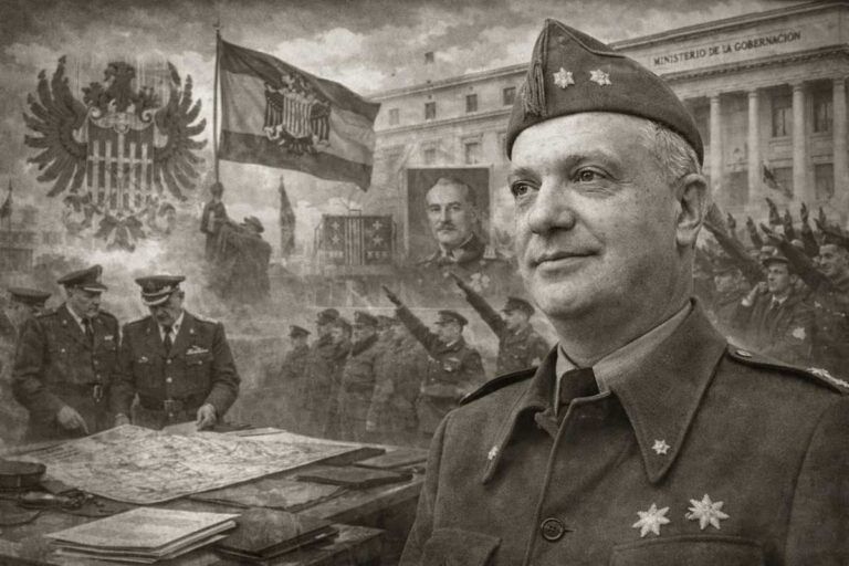 Imagen alegórica en blanco y negro de Valentín Galarza Morante con uniforme militar, representado como figura del monarquismo conspirativo y del primer franquismo, con símbolos del poder político y militar de la época.