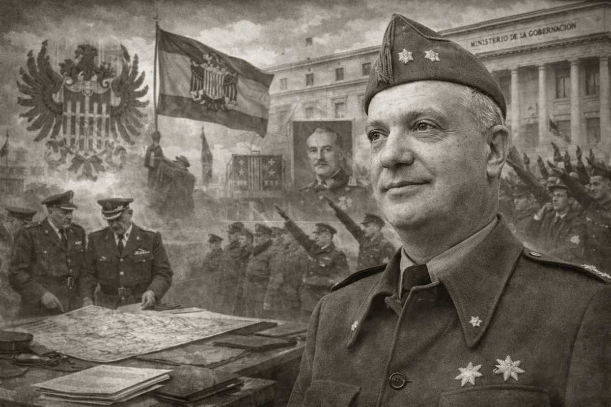 Imagen alegórica en blanco y negro de Valentín Galarza Morante con uniforme militar, representado como figura del monarquismo conspirativo y del primer franquismo, con símbolos del poder político y militar de la época.