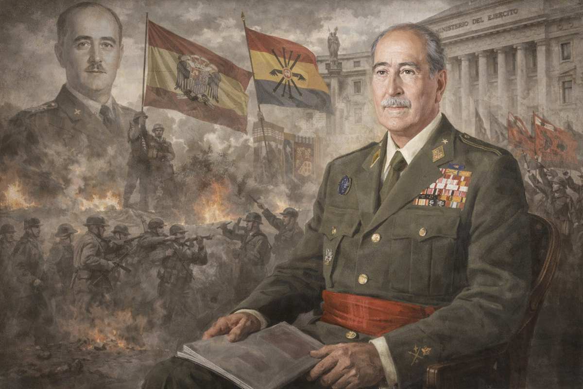 Imagen alegórica de Vicente Fernández Bascarán con uniforme militar y condecoraciones, representado en un contexto histórico del siglo XX, como figura pendiente de estudio y contextualización biográfica.