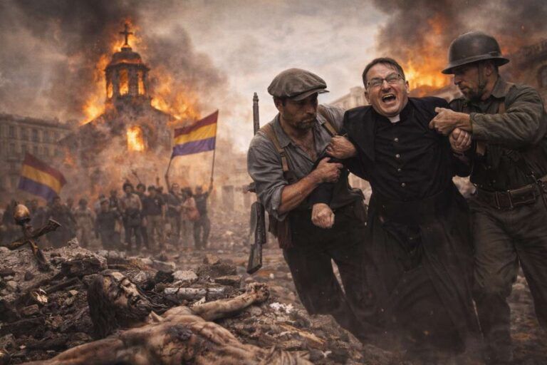 Imagen alegórica de la persecución religiosa en España en 1936: un sacerdote es detenido por milicianos en una calle en ruinas, mientras al fondo arde una iglesia entre humo, banderas republicanas y una multitud exaltada.