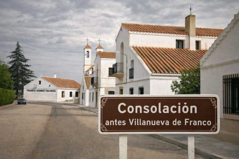 Vista del pueblo de Consolación, antes Villanueva de Franco, con viviendas blancas de colonización, tejados de teja y trazado urbano planificado en la provincia de Ciudad Real.