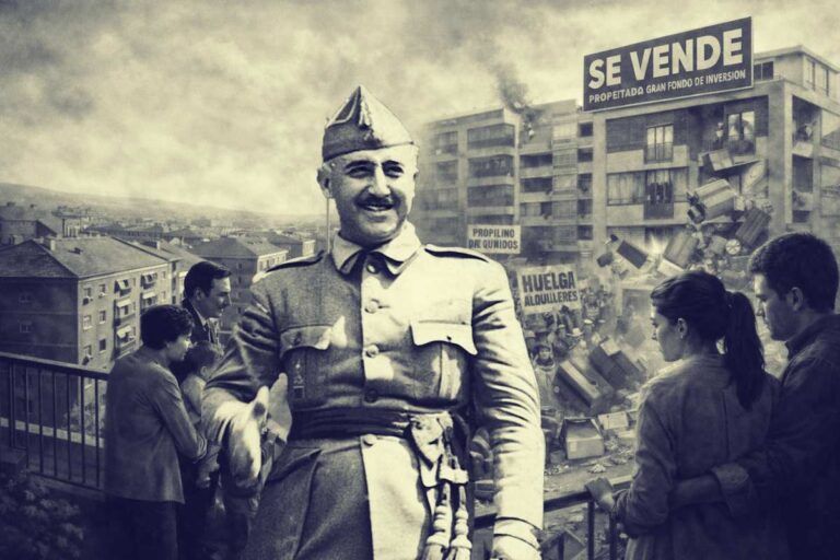 Imagen alegórica sobre la vivienda en España: a la izquierda, una familia observa desde un balcón un barrio de bloques residenciales ordenados; a la derecha, una pareja contempla una escena de protestas por el alquiler, desahucios y venta de edificios a fondos de inversión, simbolizando el paso de la propiedad a la precariedad habitacional.