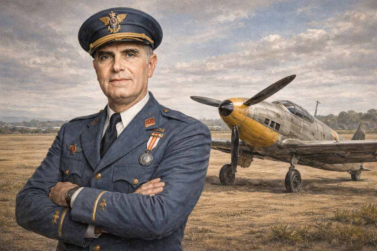 Composición alegórica horizontal del general Mariano Cuadra Medina, destacado aviador militar español, con aviones de época y ambiente histórico.