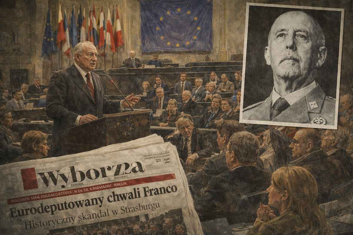 Ilustración alegórica del interior del Parlamento Europeo con un eurodiputado polaco interviniendo en sesión, un periódico polaco destacando la polémica y el retrato de Franco del elogio a regímenes autoritarios en el debate sobre el franquismo.