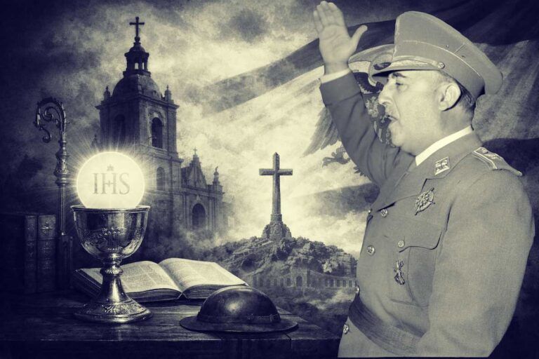 Imagen alegórica de la relación entre la Iglesia católica y el franquismo en España, con símbolos religiosos, una iglesia, una cruz monumental y la bandera española como fondo histórico.