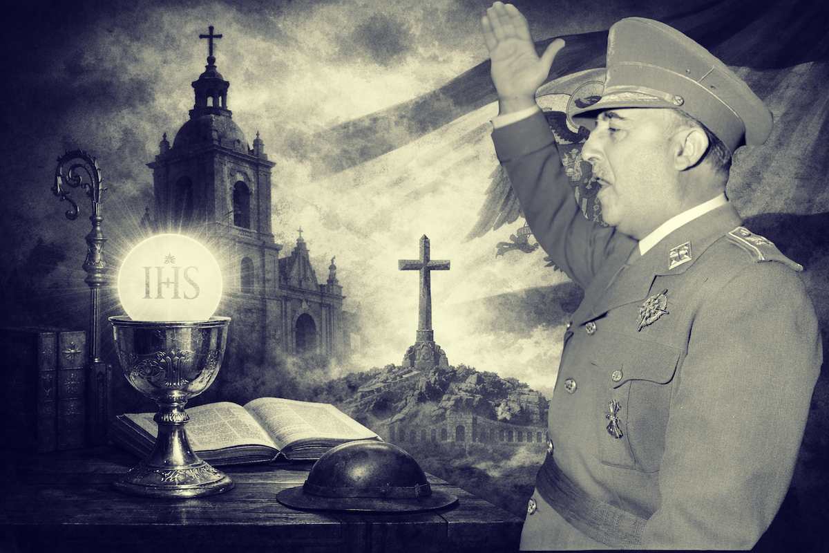 Imagen alegórica de la relación entre la Iglesia católica y el franquismo en España, con símbolos religiosos, una iglesia, una cruz monumental y la bandera española como fondo histórico.