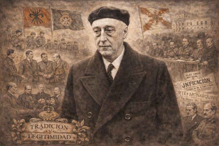 Retrato alegórico de Tomás Domínguez Arévalo, conde de Rodezno, figura destacada del carlismo y ministro de Justicia durante el primer franquismo, representado con simbología política y jurídica de la España de los años treinta y cuarenta.