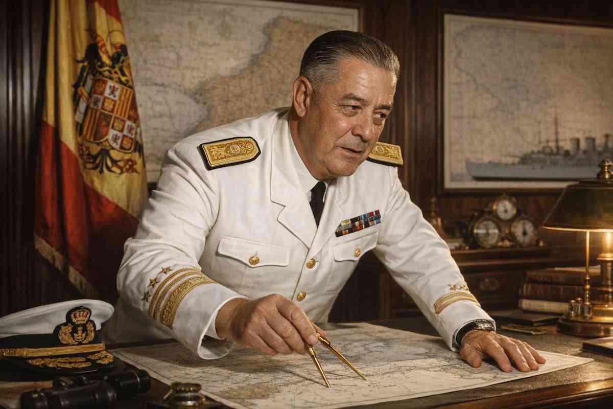 Retrato de Felipe Abárzuza Oliva, almirante de la Armada española y ministro de Marina durante el régimen de Franco, en un entorno institucional de época.