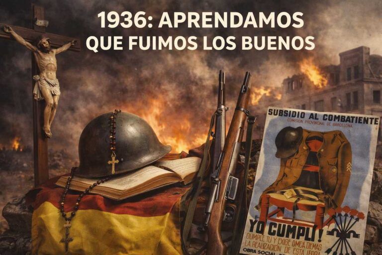 Composición alegórica sobre 1936 con crucifijo, casco militar, fusiles, bandera de España y un cartel histórico del “Subsidio al combatiente”, con una ciudad en llamas al fondo.