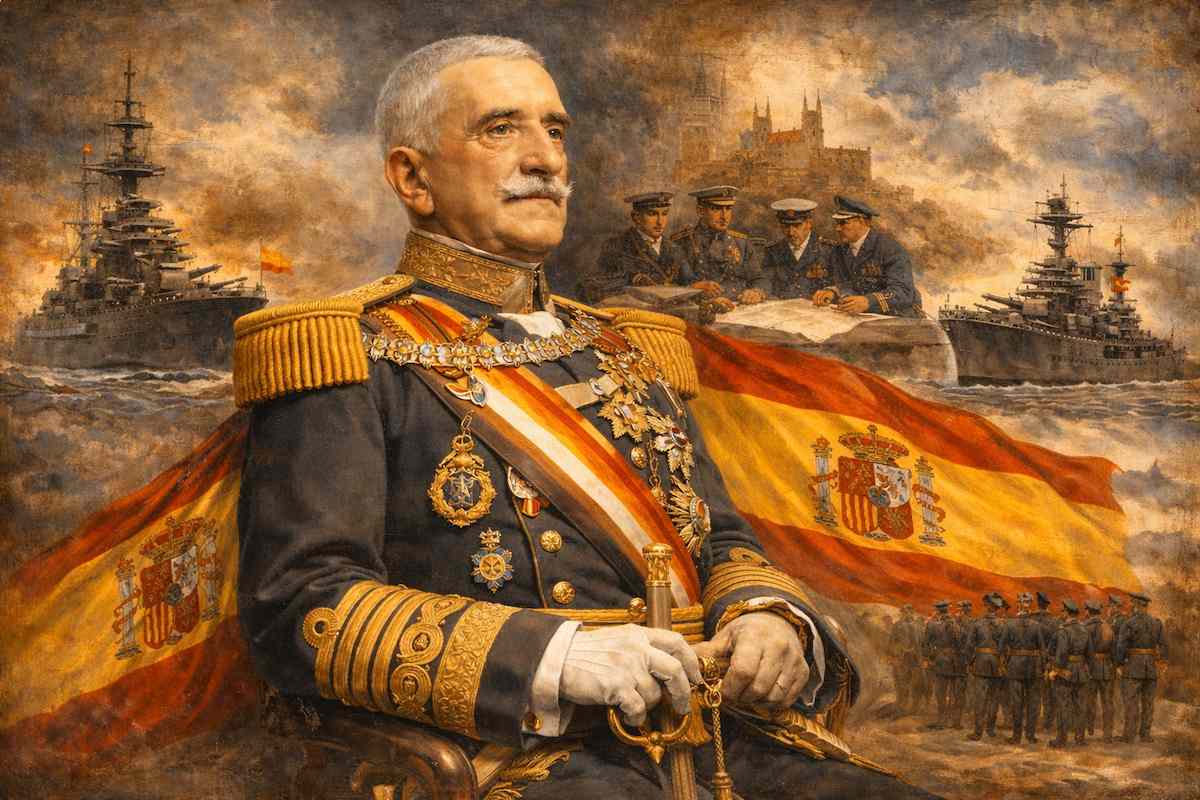 Imagen alegórica de Francisco Moreno Fernández: retrato pictórico de estilo histórico que muestra al almirante con uniforme de gala y condecoraciones, en primer plano, con la bandera de España con el escudo del Estado franquista desplegada al fondo, junto a acorazados y escenas navales que simbolizan su papel como Jefe de la Flota Nacional durante la Guerra Civil.