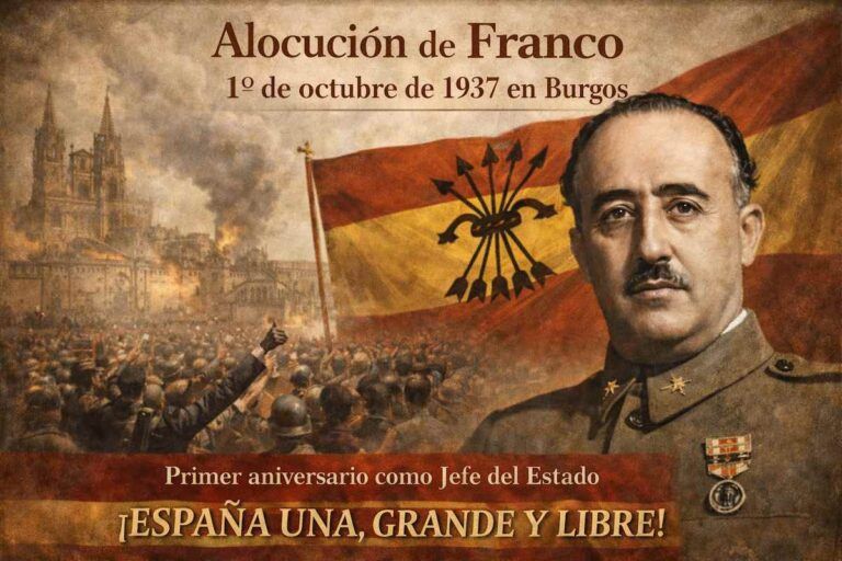 Fotomontaje alegórico de la alocución de Francisco Franco en Burgos el 1 de octubre de 1937, con su retrato uniformado en primer plano, banderas y símbolos del bando nacional, una multitud militarizada y el paisaje urbano de Burgos como fondo, en el contexto del primer aniversario de su jefatura del Estado durante la Guerra Civil española.