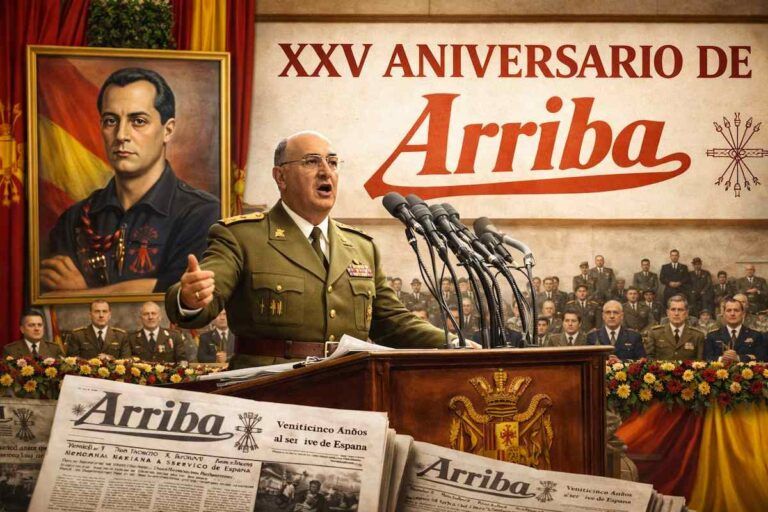 “Imagen alegórica del XXV aniversario del periódico ‘Arriba’ en 1960, con un acto institucional, un retrato simbólico al fondo y ejemplares del diario en primer plano.”