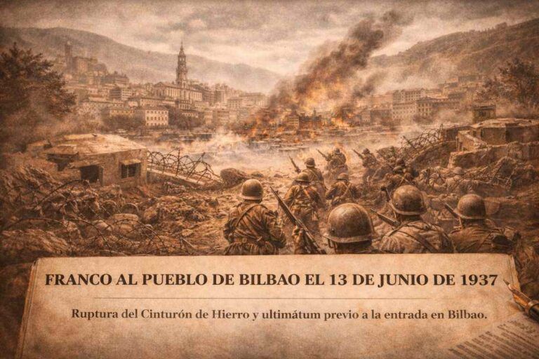 Imagen alegórica de la ofensiva sobre Bilbao en junio de 1937, con fortificaciones del Cinturón de Hierro, tropas avanzando y la ciudad al fondo en el contexto de la Guerra Civil española.