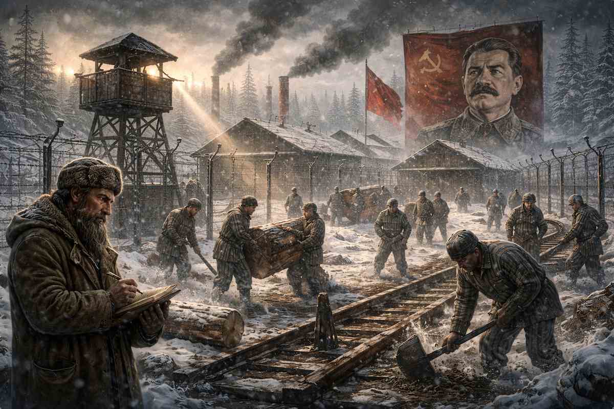 Prisioneros del gulag soviético trabajando en condiciones extremas bajo la vigilancia de torres y alambradas en un paisaje nevado, con símbolos del poder comunista al fondo, en una escena alegórica sobre la represión totalitaria denunciada en Archipiélago Gulag de Solzhenitsin.