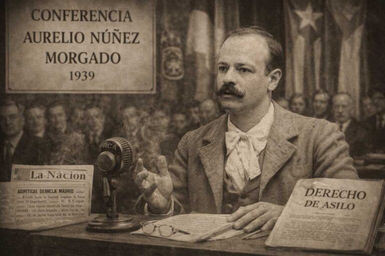 Imagen alegórica en horizontal del personaje histórico durante una conferencia, con prensa y documentos sobre el derecho de asilo, simbolizando el debate político de 1939.