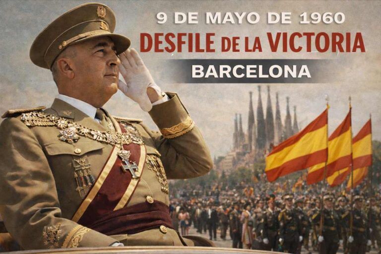 “Imagen alegórica de un desfile militar en Barcelona en 1960, con un acto institucional, tropas formadas y banderas de España al fondo.”