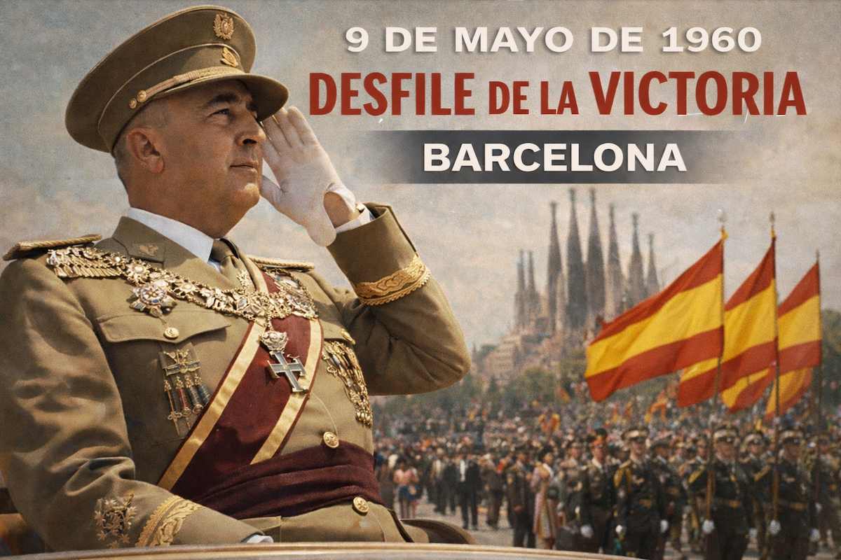 “Imagen alegórica de un desfile militar en Barcelona en 1960, con un acto institucional, tropas formadas y banderas de España al fondo.”