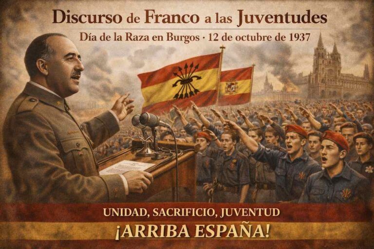 Fotomontaje alegórico del discurso de Francisco Franco a las juventudes en Burgos el 12 de octubre de 1937, con el dirigente uniformado hablando desde una tribuna, banderas de España y de Falange, jóvenes concentrados en formación y la catedral de Burgos al fondo, en el contexto del Día de la Raza durante la Guerra Civil española.