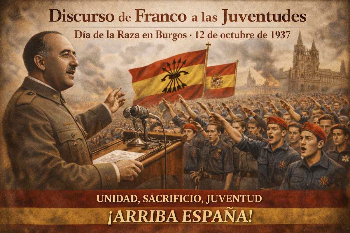 Fotomontaje alegórico del discurso de Francisco Franco a las juventudes en Burgos el 12 de octubre de 1937, con el dirigente uniformado hablando desde una tribuna, banderas de España y de Falange, jóvenes concentrados en formación y la catedral de Burgos al fondo, en el contexto del Día de la Raza durante la Guerra Civil española.