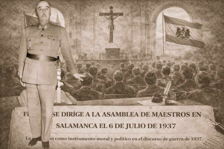 Imagen alegórica de una asamblea de maestros en Salamanca en julio de 1937, con símbolos educativos y religiosos en un salón institucional durante la Guerra Civil española.
