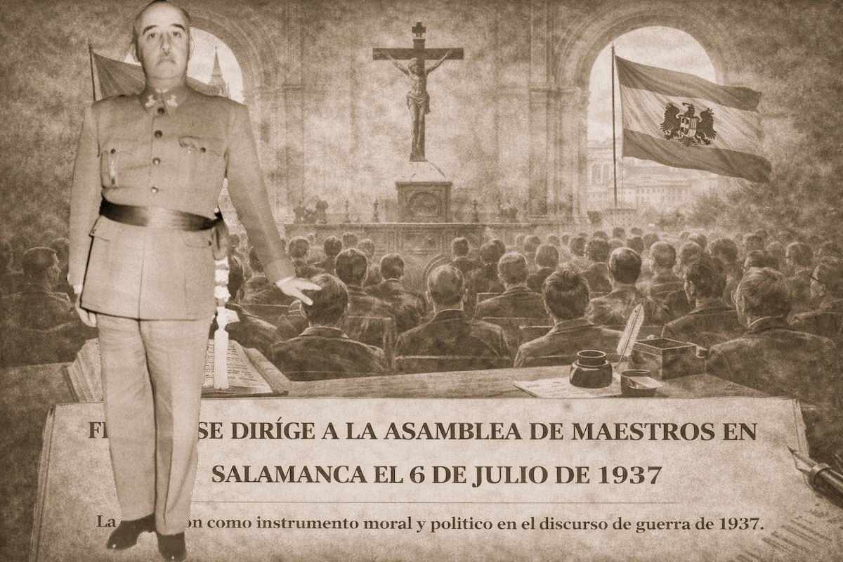 Imagen alegórica de una asamblea de maestros en Salamanca en julio de 1937, con símbolos educativos y religiosos en un salón institucional durante la Guerra Civil española.