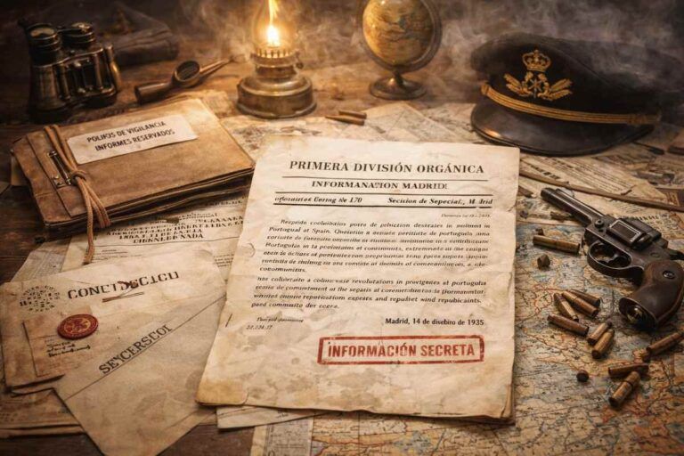 Imagen alegórica en horizontal con documentos de inteligencia militar fechados en 1935, mapas de España y Portugal y objetos de época, que simbolizan un informe secreto sobre un posible movimiento revolucionario.