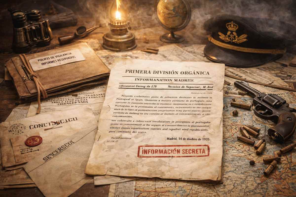 Imagen alegórica en horizontal con documentos de inteligencia militar fechados en 1935, mapas de España y Portugal y objetos de época, que simbolizan un informe secreto sobre un posible movimiento revolucionario.