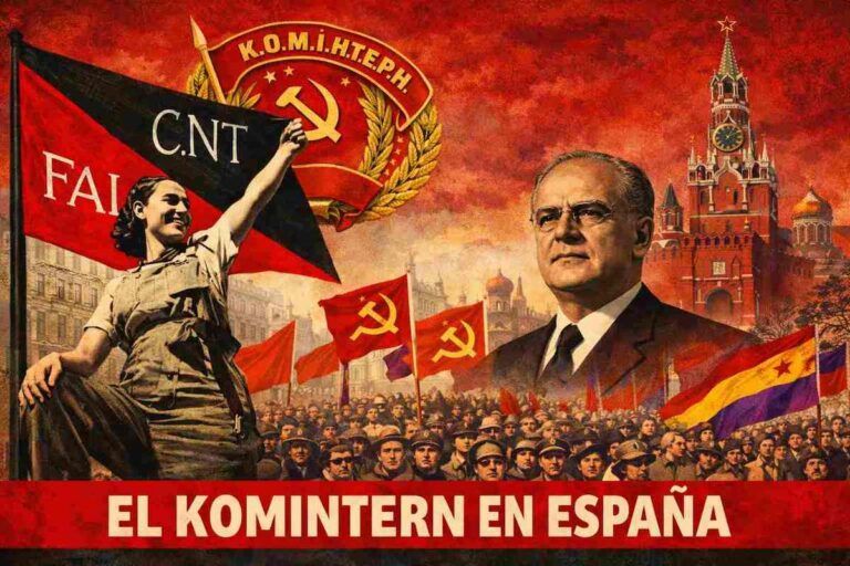 Ilustración alegórica de estilo cartel propagandístico sobre el Komintern en España. A la izquierda, una miliciana sostiene una bandera de la CNT-FAI; al fondo se ve un emblema con la hoz y el martillo y una multitud con banderas rojas. A la derecha aparece un dirigente soviético, con la silueta del Kremlin detrás. En la parte inferior se lee el título “El Komintern en España”.
