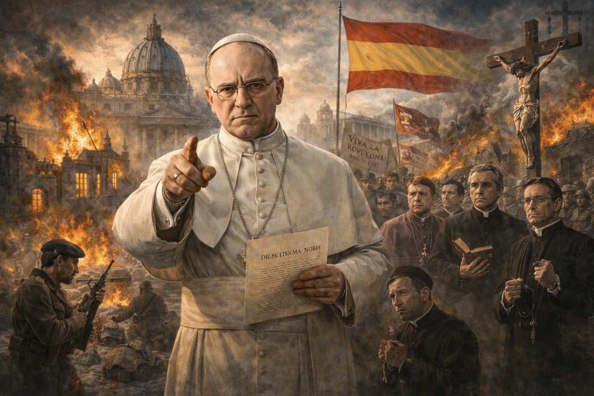 El papa Pío XI sosteniendo el documento “Dilectissima nobis” ante escenas de quema de iglesias y persecución religiosa en la España de la Segunda República, con la bandera española sin escudo al fondo, en una composición alegórica sobre el conflicto entre Iglesia y Estado en 1933.