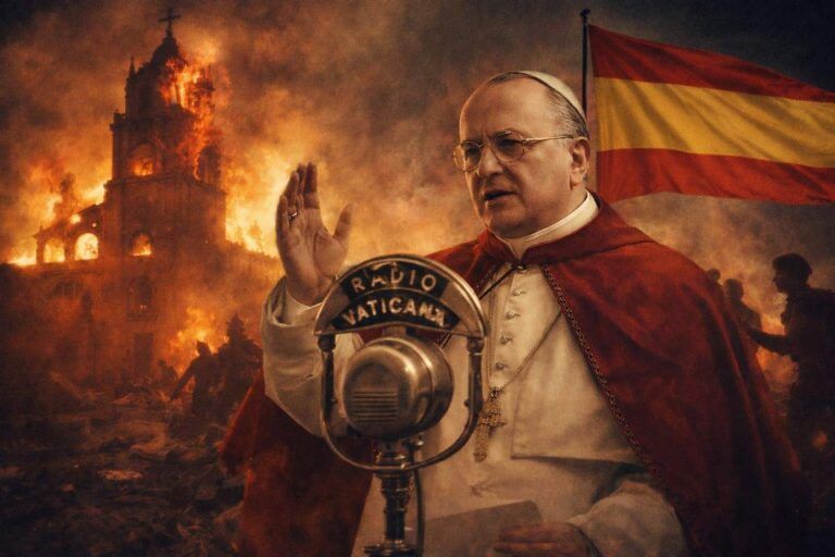 Imagen alegórica del papa Pío XI hablando por Radio Vaticano ante una iglesia en llamas, con una bandera de España al fondo, simbolizando los sucesos de la Guerra Civil.