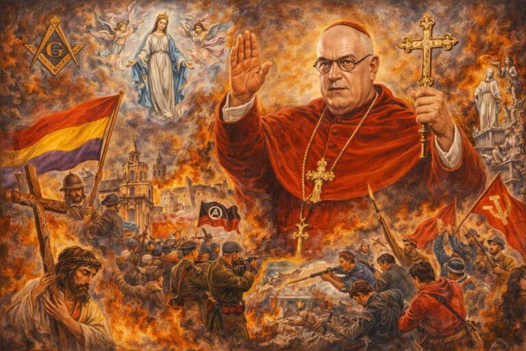 Ilustración alegórica del cardenal Isidro Gomá y Tomás, primado de España, rodeado de escenas simbólicas de la persecución religiosa y el conflicto ideológico durante la Guerra Civil española (1936–1939).