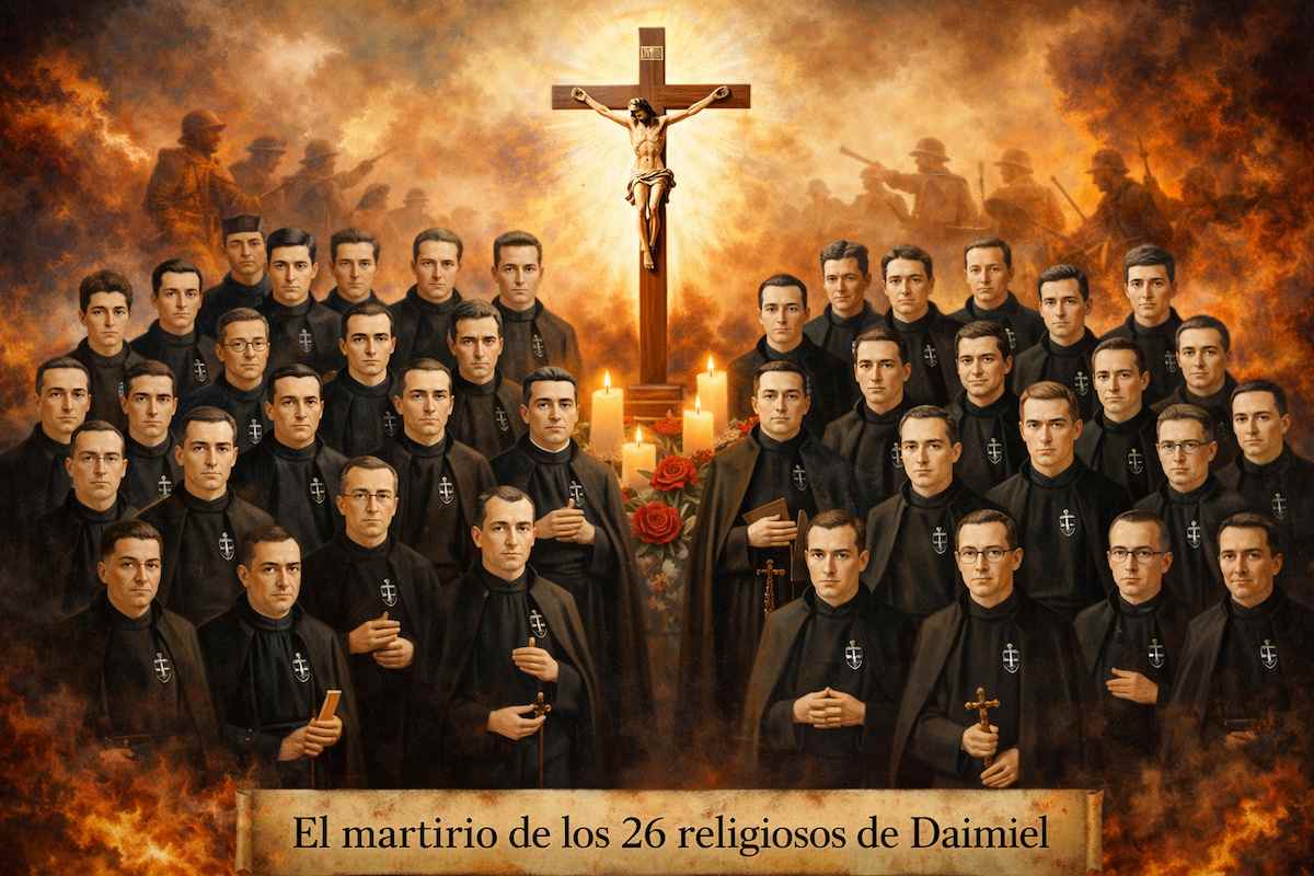 Imagen alegórica del martirio de los 26 religiosos pasionistas de Daimiel: los religiosos reunidos en primer plano y Cristo crucificado al fondo, símbolo de fe, sacrificio y fidelidad durante la Guerra Civil española.