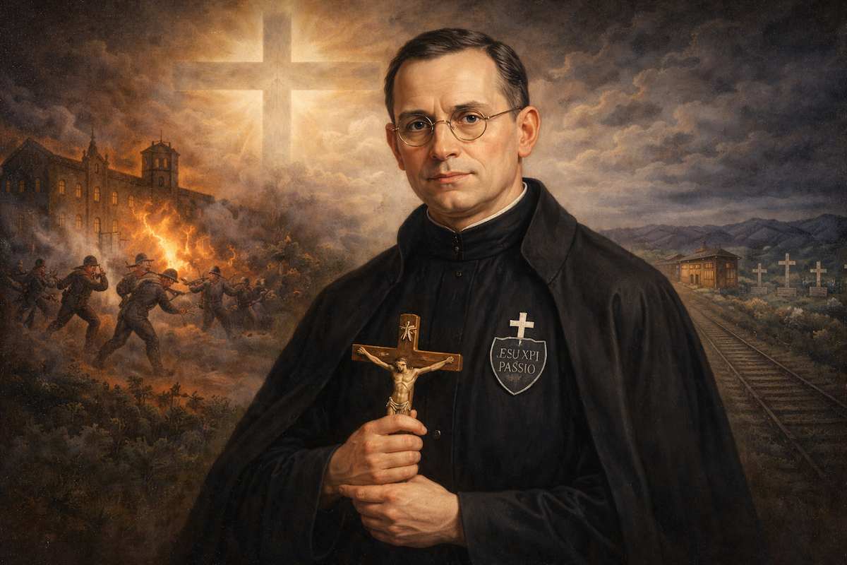 Retrato alegórico del beato Padre Nicéforo de Jesús y María, sacerdote pasionista y mártir, con hábito negro y crucifijo en las manos, iluminado por una cruz luminosa al fondo, mientras escenas simbólicas de la persecución religiosa y el martirio durante la Guerra Civil española se representan en el paisaje.
