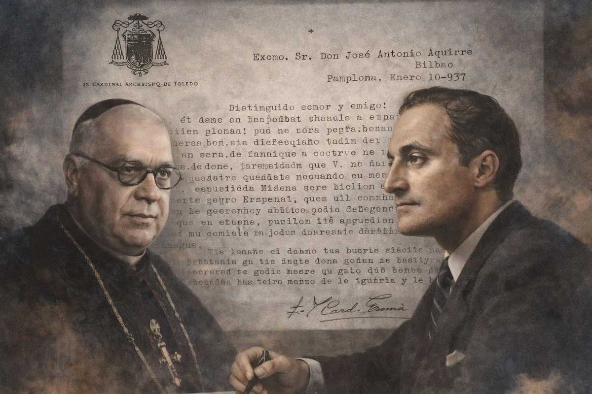 Composición alegórica del intercambio entre el cardenal Gomá y José Antonio Aguirre en 1937, con sus retratos enfrentados sobre el fondo de la carta original.