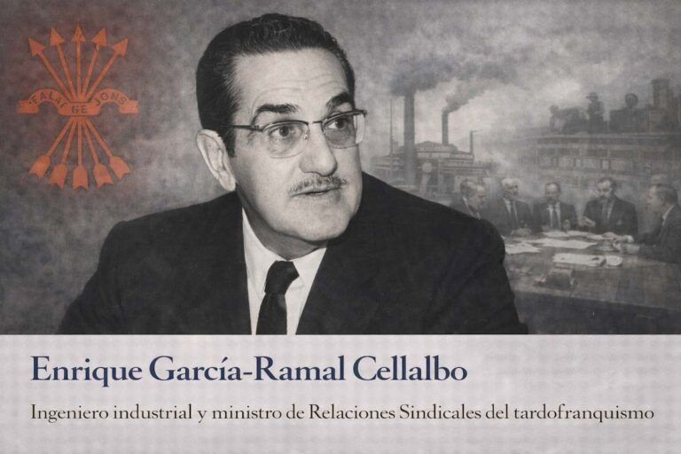 Enrique García-Ramal Cellalbo en imagen alegórica, con traje y gafas, ante referencias industriales y sindicales que simbolizan su labor como ingeniero industrial y ministro de Relaciones Sindicales del tardofranquismo.