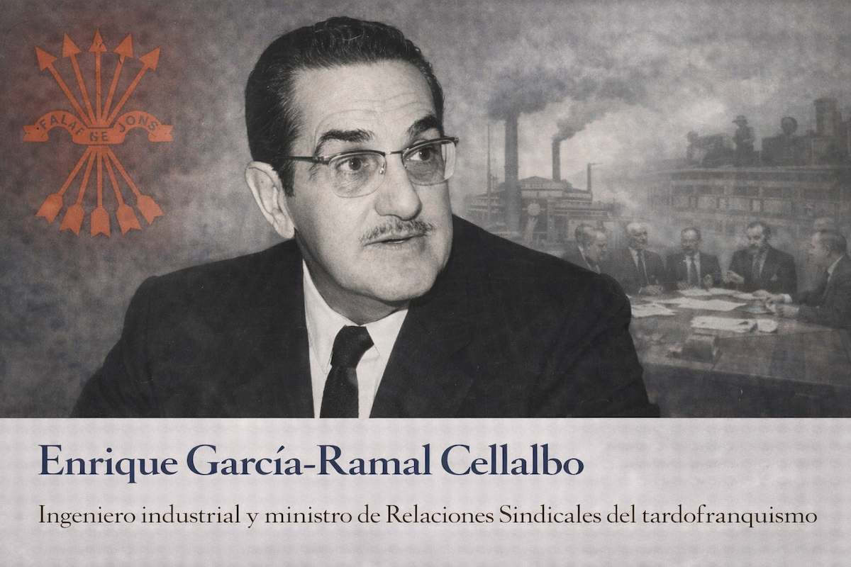 Enrique García-Ramal Cellalbo en imagen alegórica, con traje y gafas, ante referencias industriales y sindicales que simbolizan su labor como ingeniero industrial y ministro de Relaciones Sindicales del tardofranquismo.