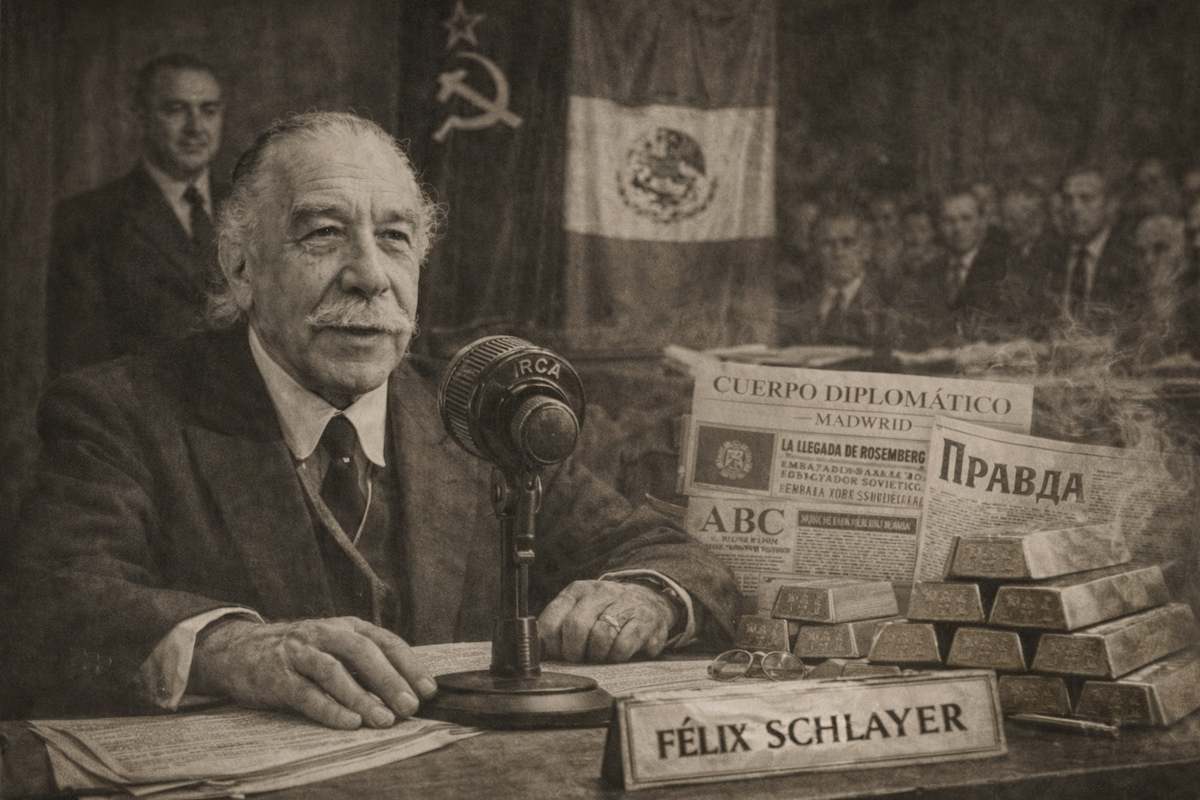 Imagen alegórica en horizontal de Félix Schlayer en un entorno diplomático durante la Guerra Civil, con documentos, prensa de la época y símbolos internacionales que evocan la intervención extranjera en Madrid en 1936.