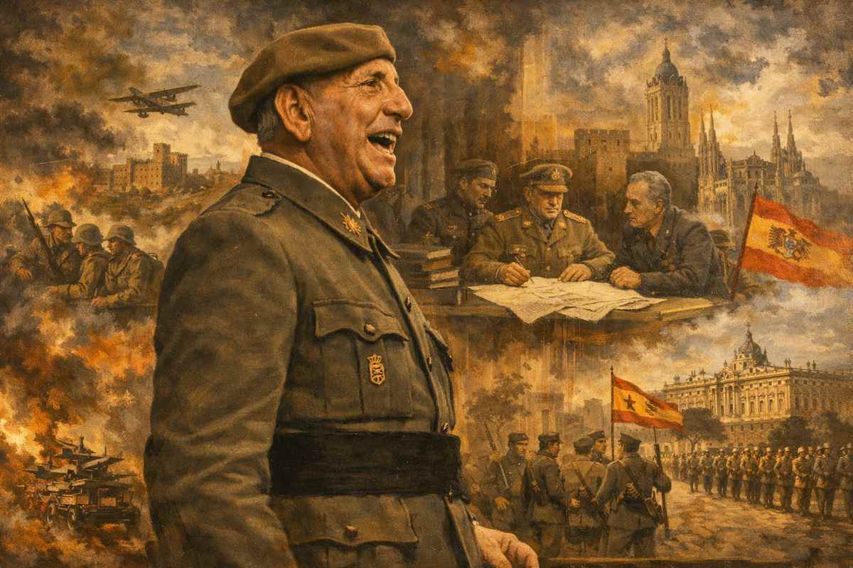 Imagen alegórica de Fernando Moreno Calderón: composición pictórica de estilo histórico que lo muestra con uniforme militar pronunciando un discurso, con escenas simbólicas al fondo de Marruecos, la Guerra Civil y la posguerra en España, evocando su trayectoria militar y cargos de mando.
