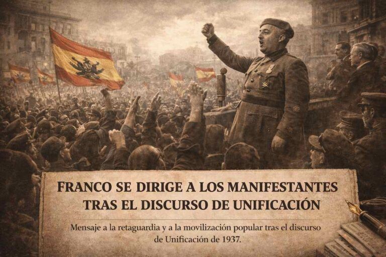 Imagen alegórica de Francisco Franco dirigiéndose a una multitud tras el discurso de Unificación de 1937, en un acto de movilización popular durante la Guerra Civil española.