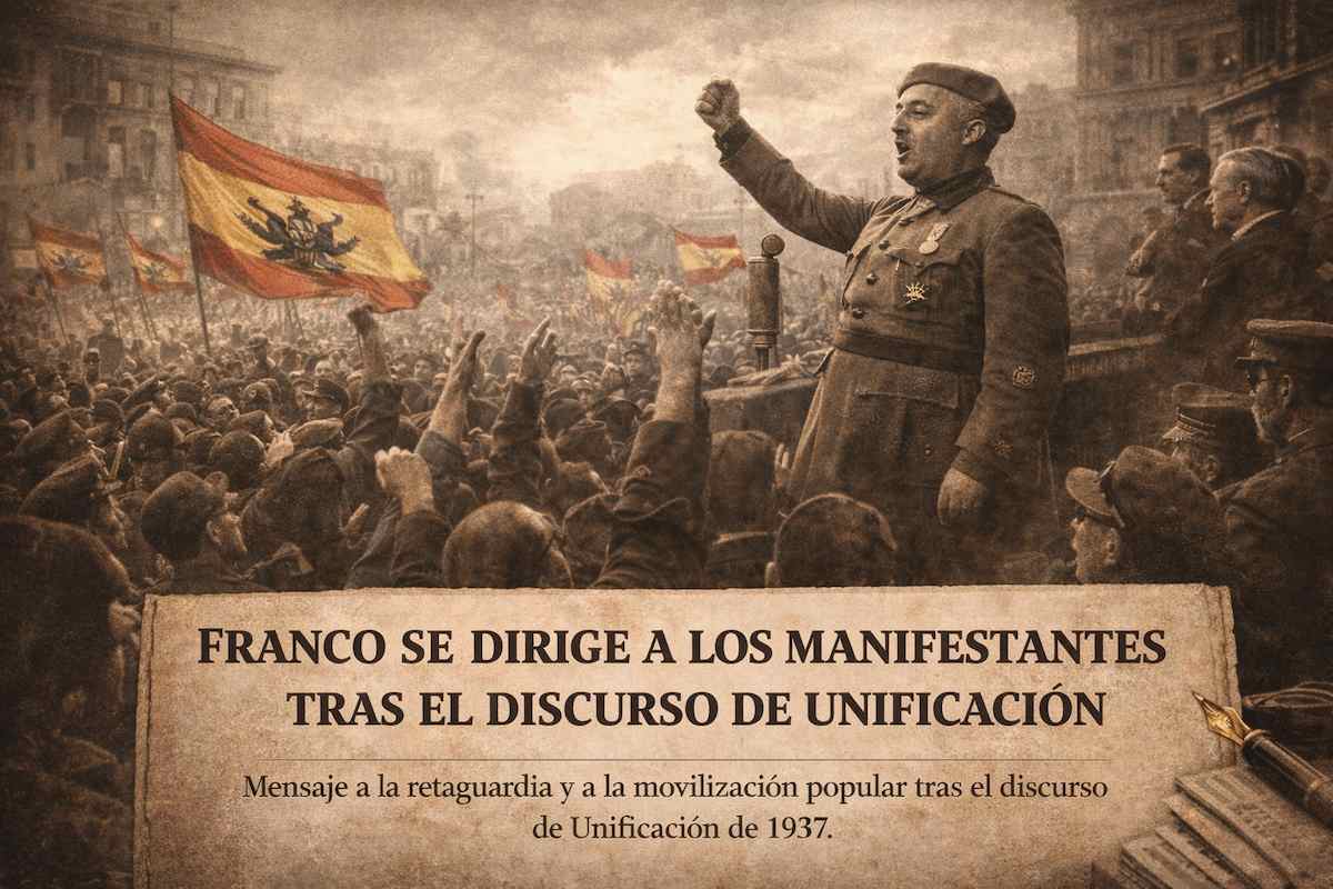 Imagen alegórica de Francisco Franco dirigiéndose a una multitud tras el discurso de Unificación de 1937, en un acto de movilización popular durante la Guerra Civil española.