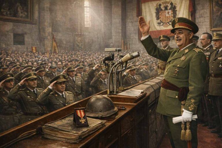 “Imagen alegórica de un acto institucional en Barcelona en 1960, con un discurso ante militares formados en un salón histórico.”